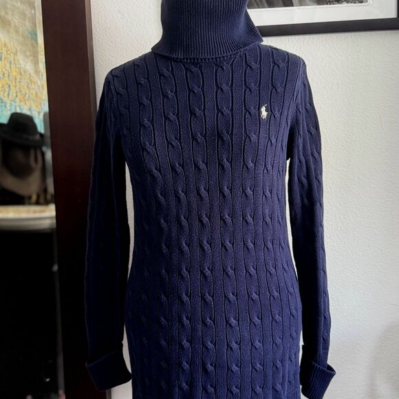 Ralph Lauren turtleneck. Thick cable knit, navy embroidered logo. Cozy prep. - Picture 2 of 10